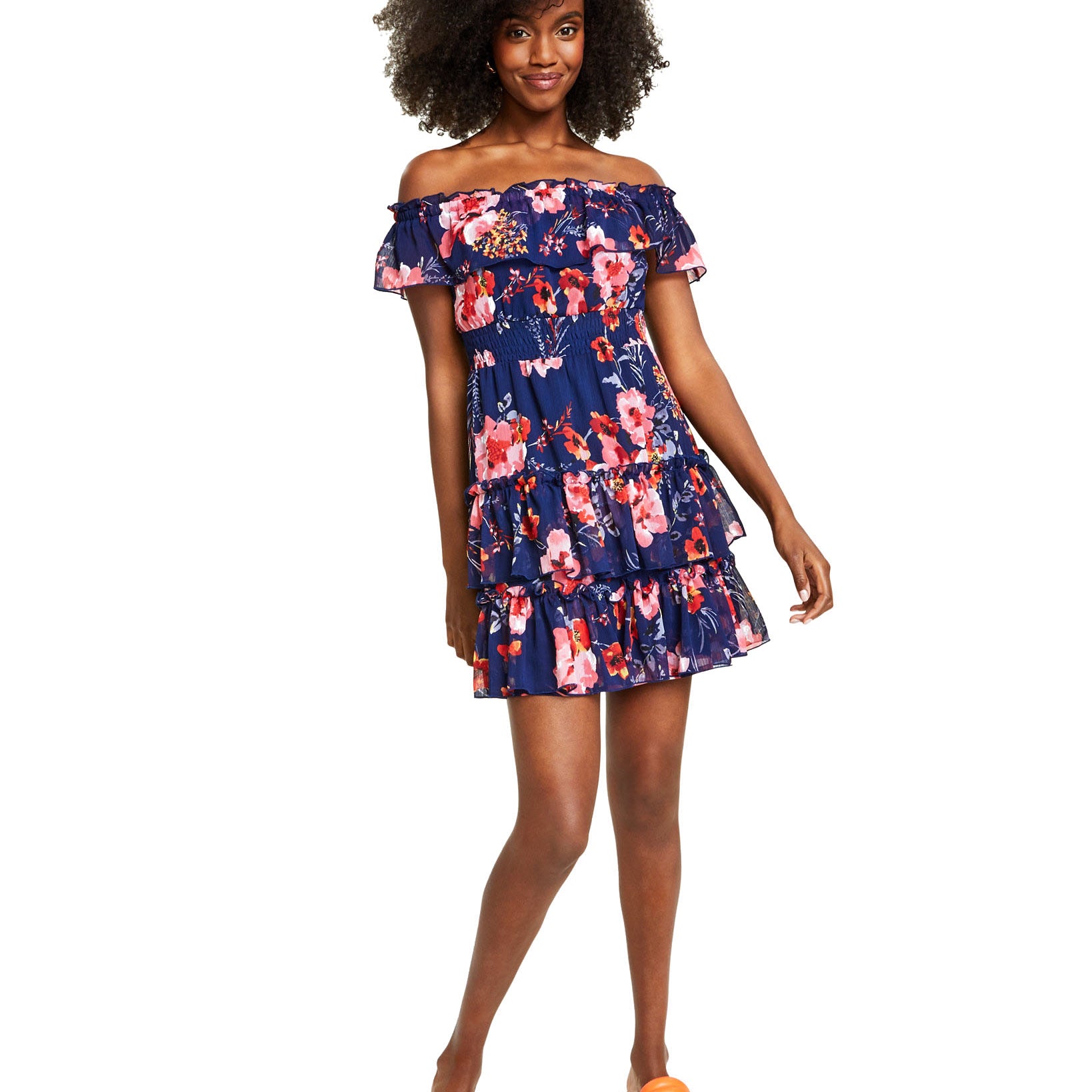 Bar III Women Floral Print Off The Shoulder Ruffled Mini Dress Natasha Floral