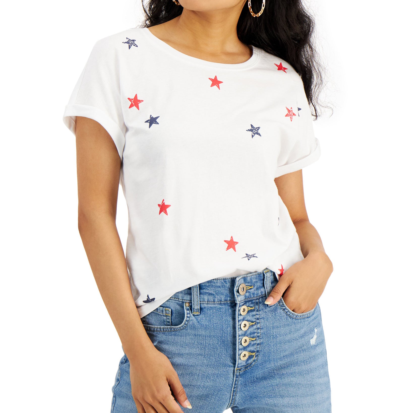 INC International Concepts Women Cotton Star Print T Shirt Bright White
