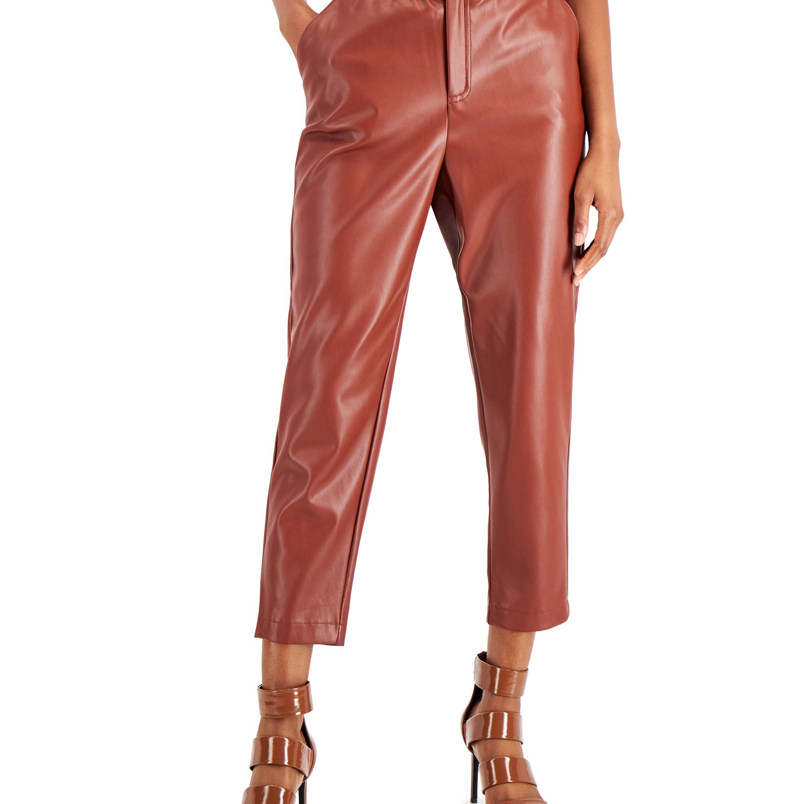 INC International Concepts Women Faux Leather Cropped Pants Deep Sienna