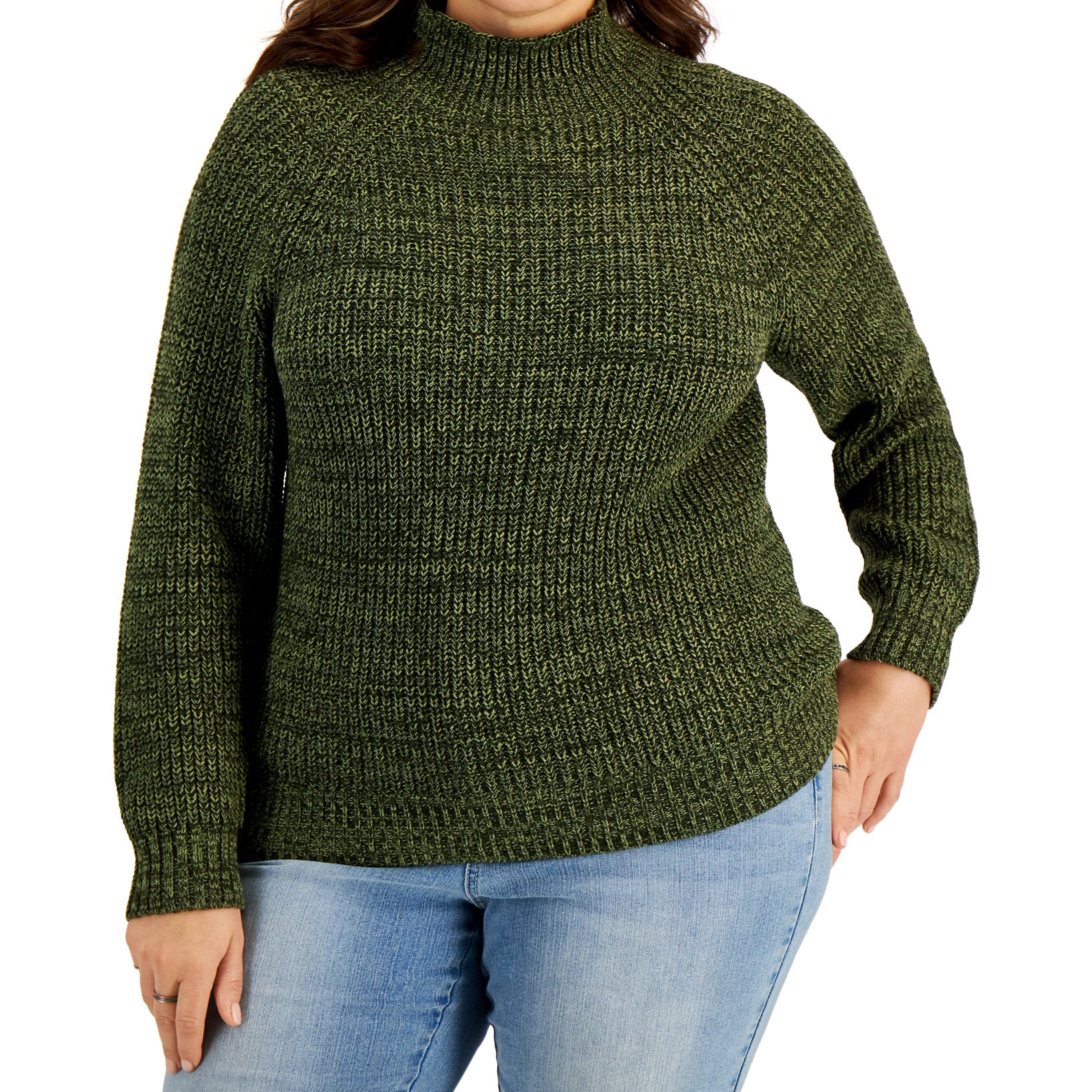 Style & Co Women Plus Cotton Marled Funnel Neck Sweater Marl Olive Combo