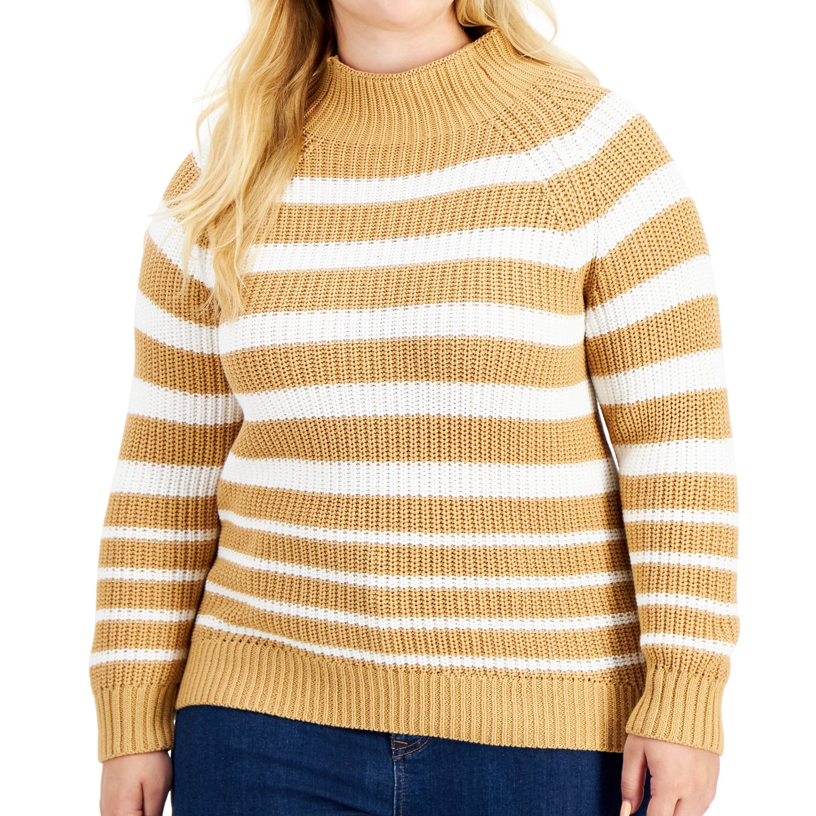Style & Co Women Plus Cotton Striped Funnel Neck Sweater Stripe Coffee