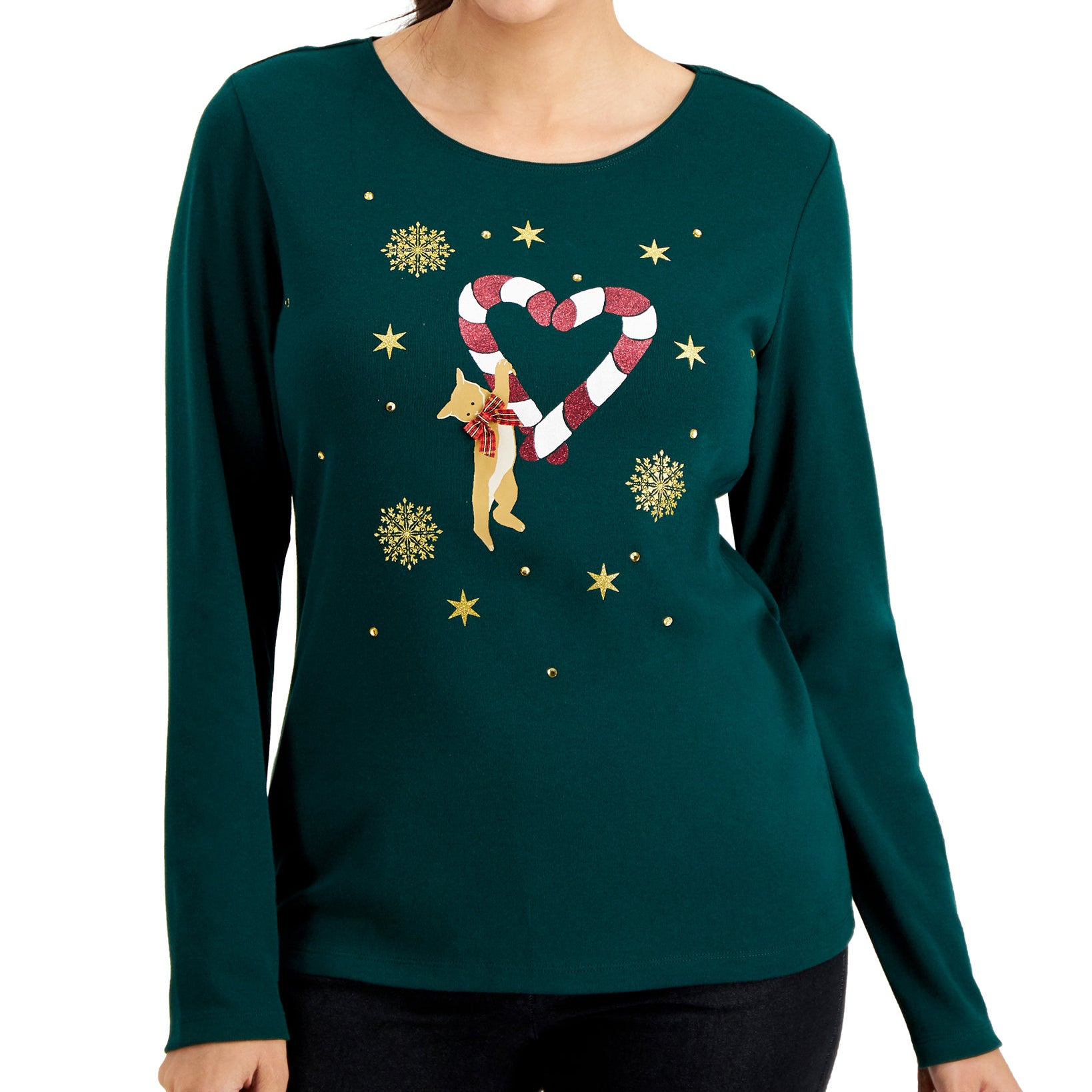 Karen Scott Women Petite Cotton Holiday Top Spruce Night