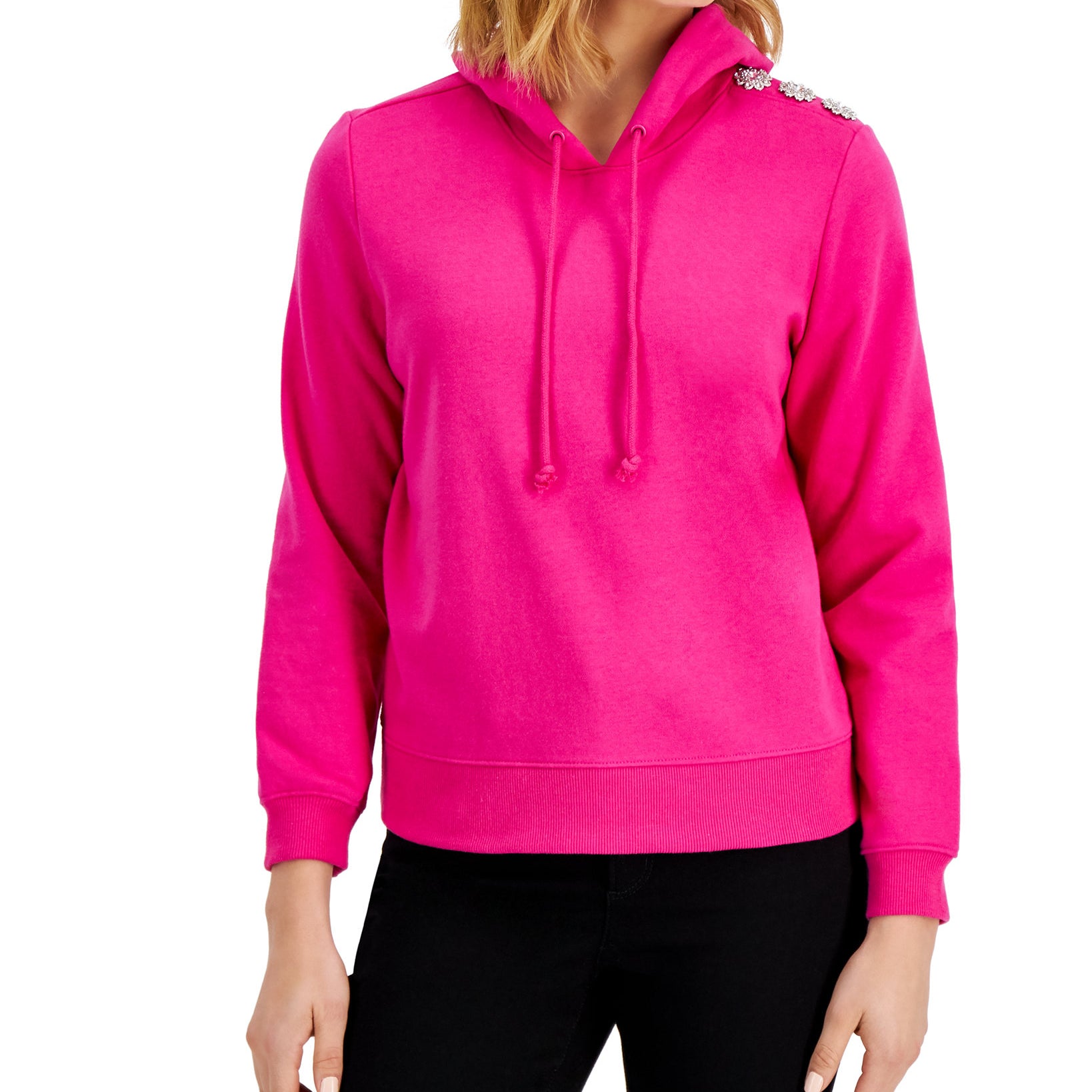 Charter Club Women Button Trim Hoodie Pink Tutu