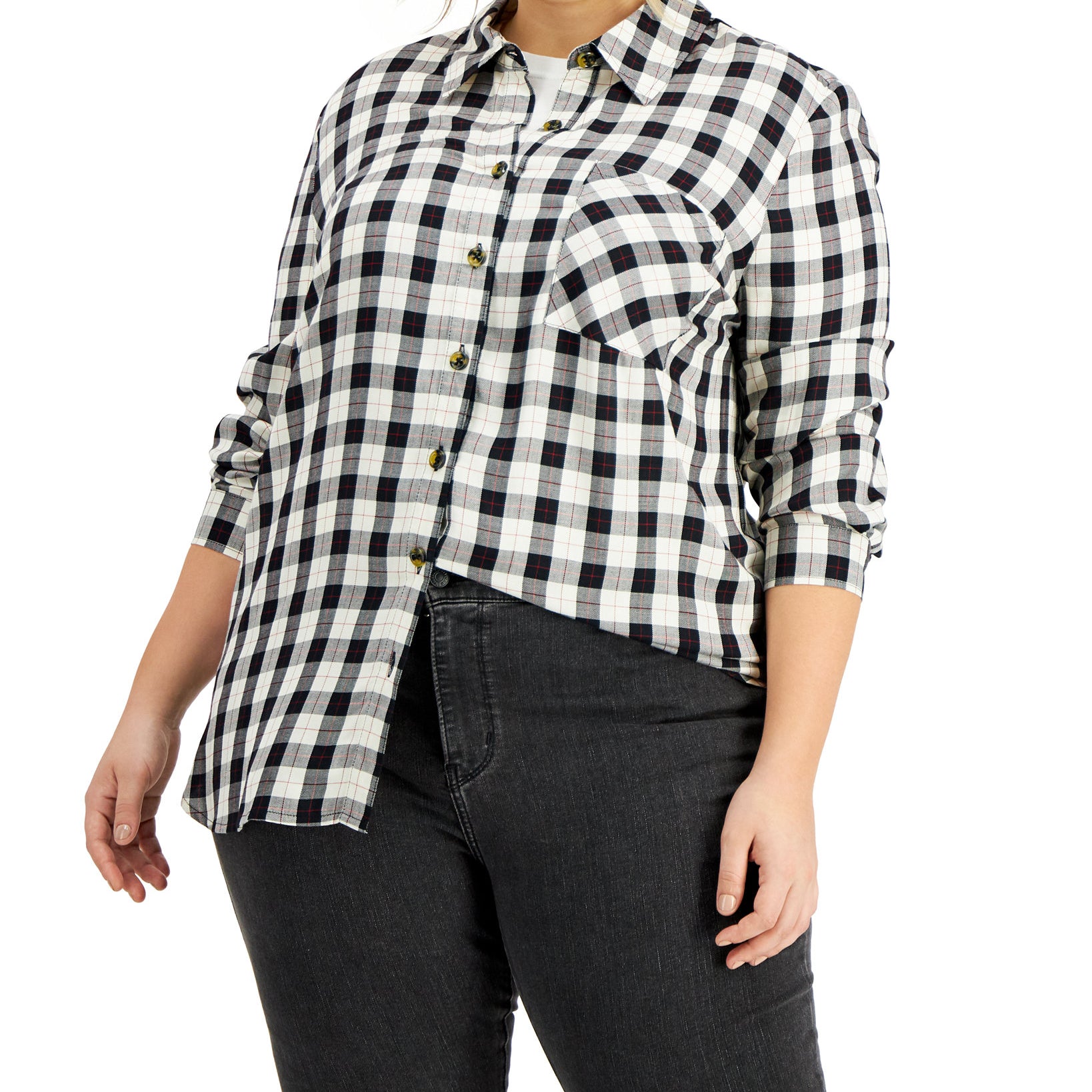 Love, Fire Women Plus Plaid Button Down Top Black White