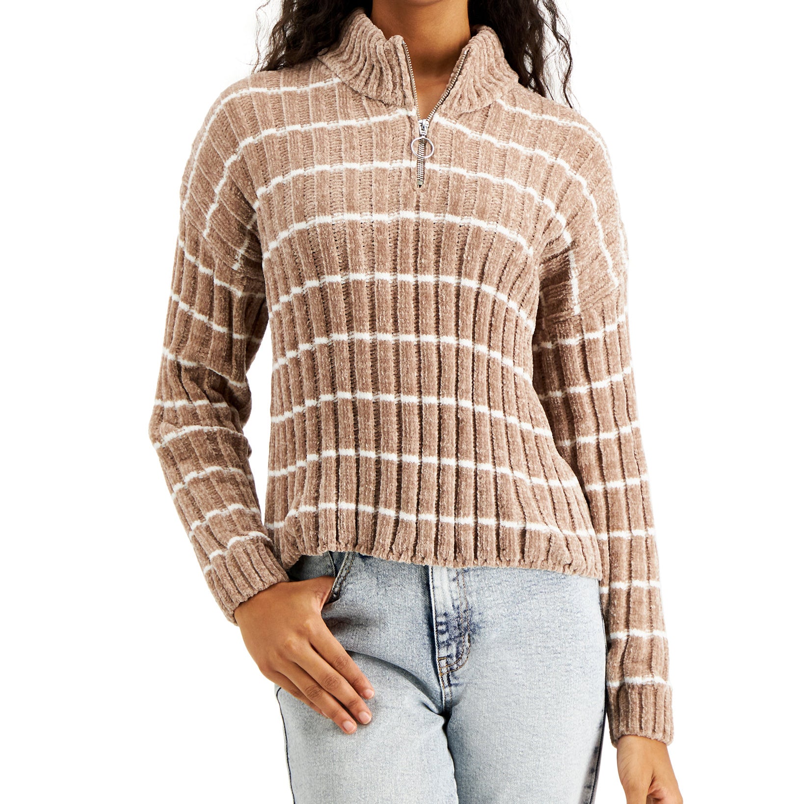 Hippie Rose Women Ribbed Chenille Sweater Mocha Stripe