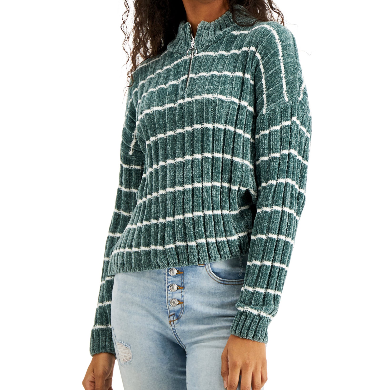 Hippie Rose Women Ribbed Chenille Sweater Stormy Sage Stripe