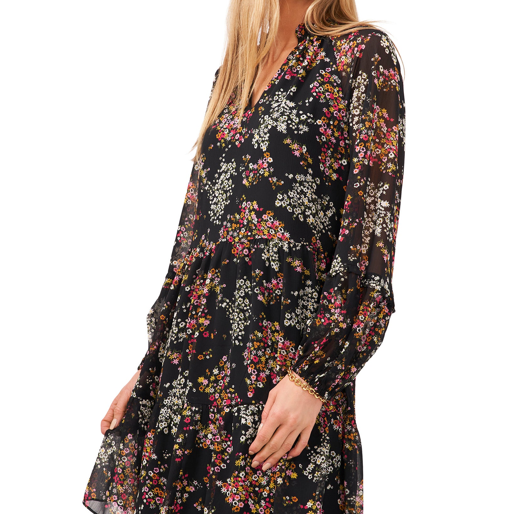 MSK Women Floral Print Babydoll Dress Black Pink