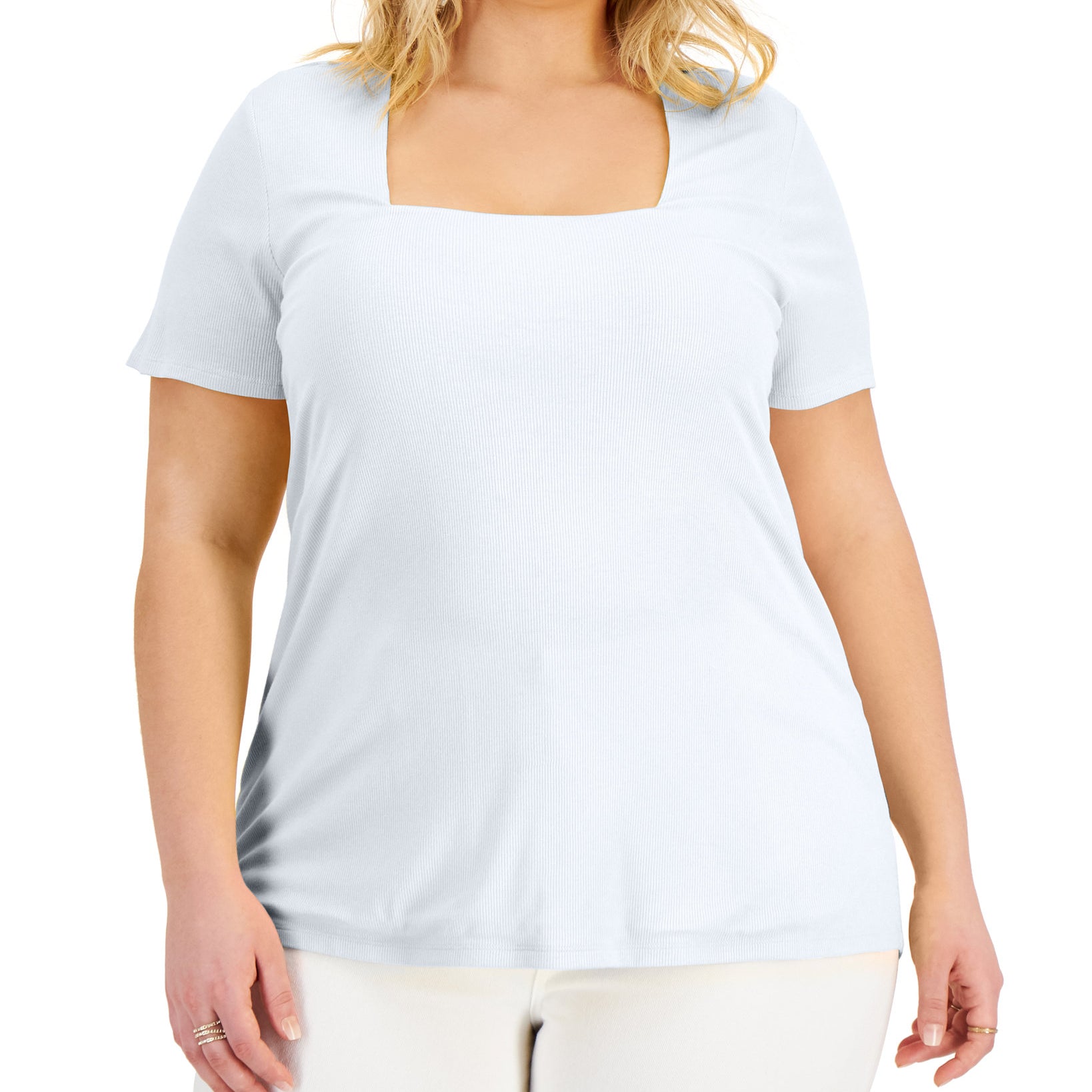 INC International Concepts Women Plus Square Neck Ribbed Top Bright White