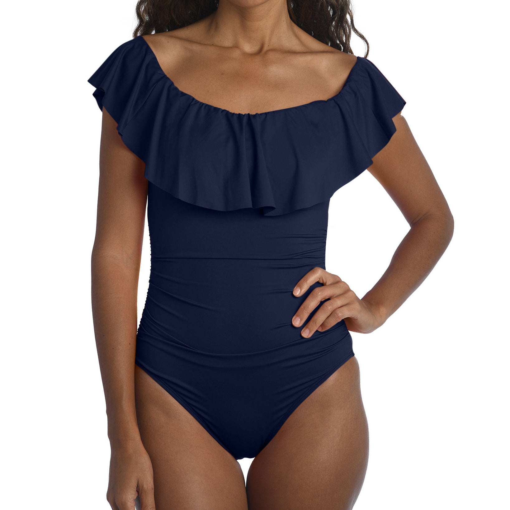 La Blanca Women Island Goddess Off The Shoulder Ruffled Tummy Control One Piece Swimsuit