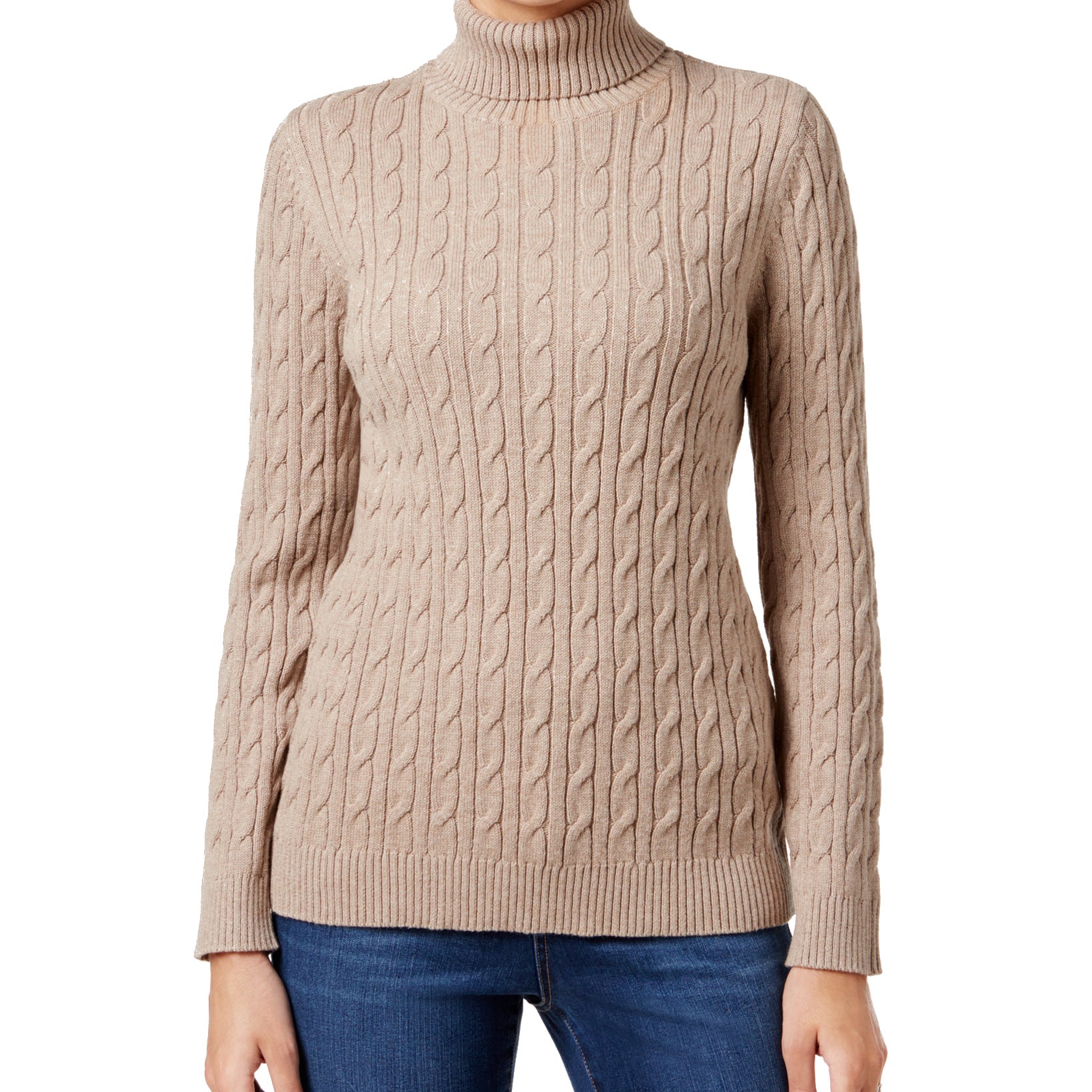 Beige cable knit turtleneck sweater worn by a person on a white background