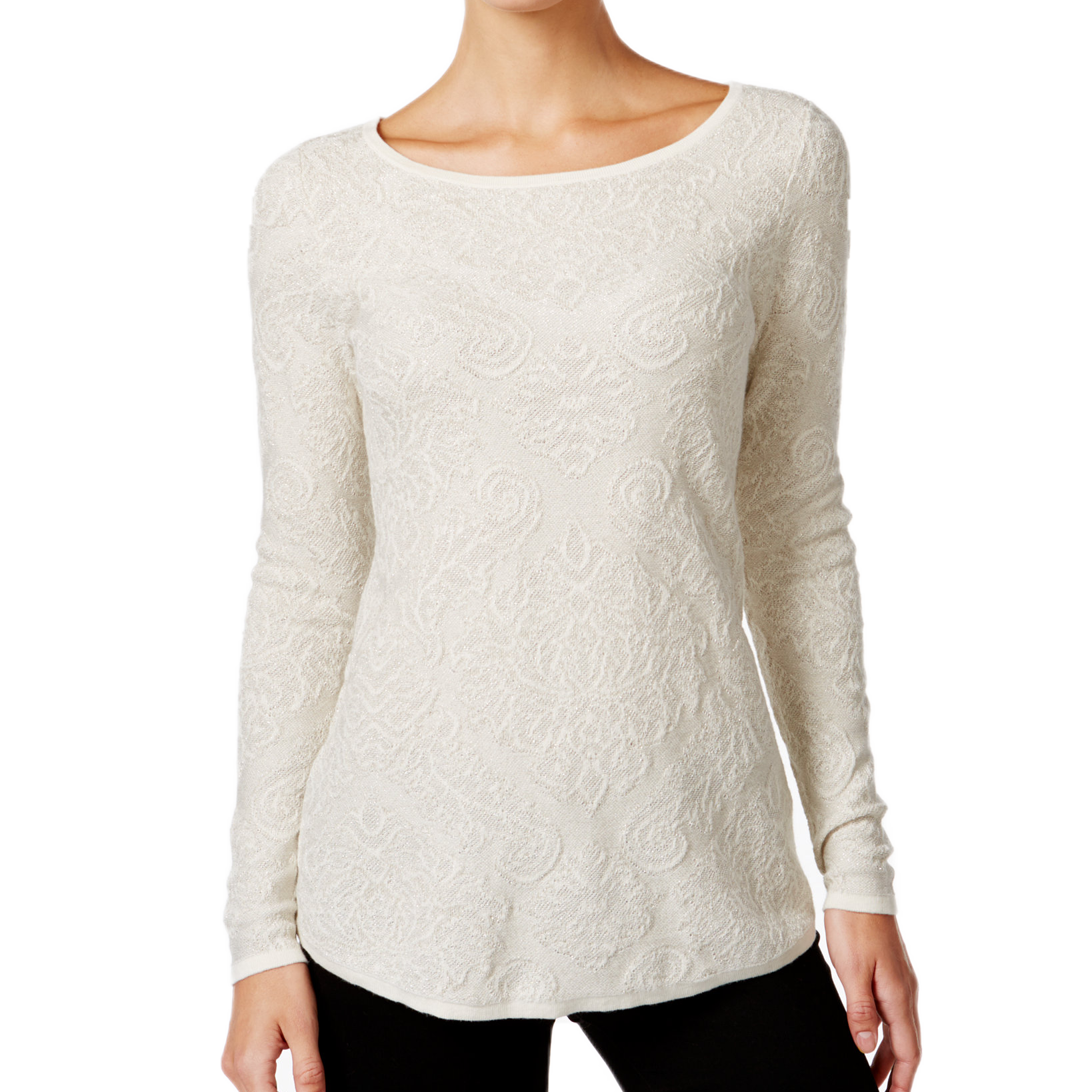 Charter Club Women Metallic Jacquard Sweater Vintage Cream Combo
