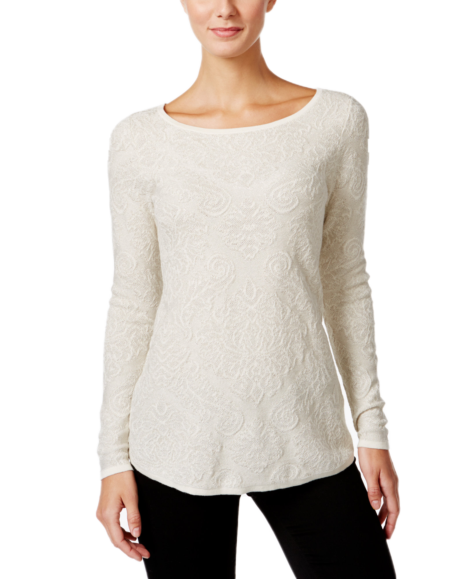 Charter Club Women Metallic Jacquard Sweater Vintage Cream Combo