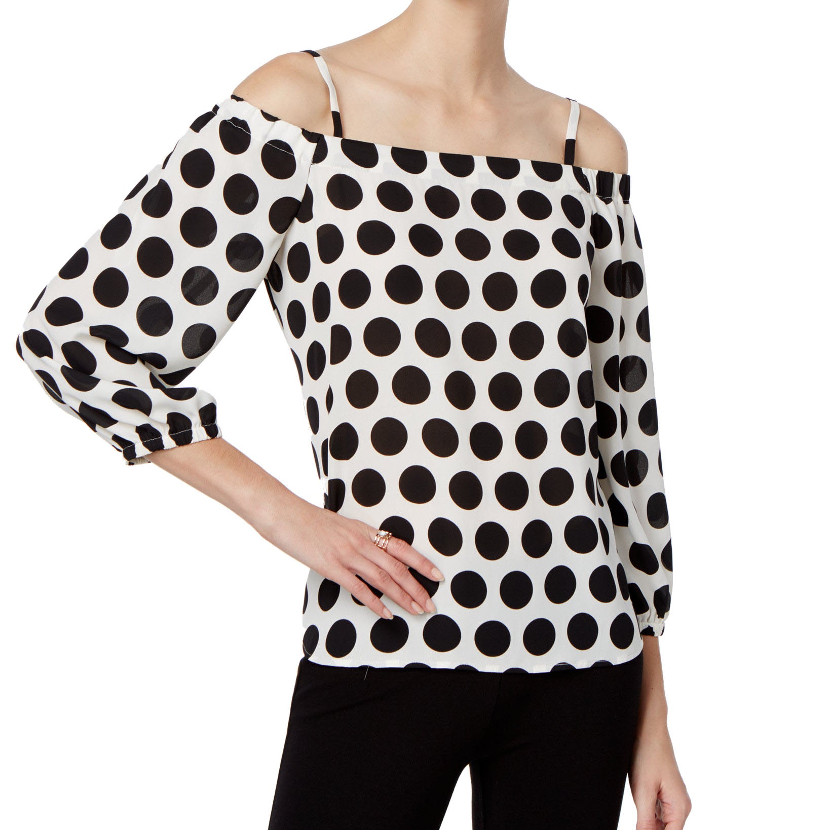 INC International Concepts Women Petite Printed Cold Shoulder Top Bold Dot