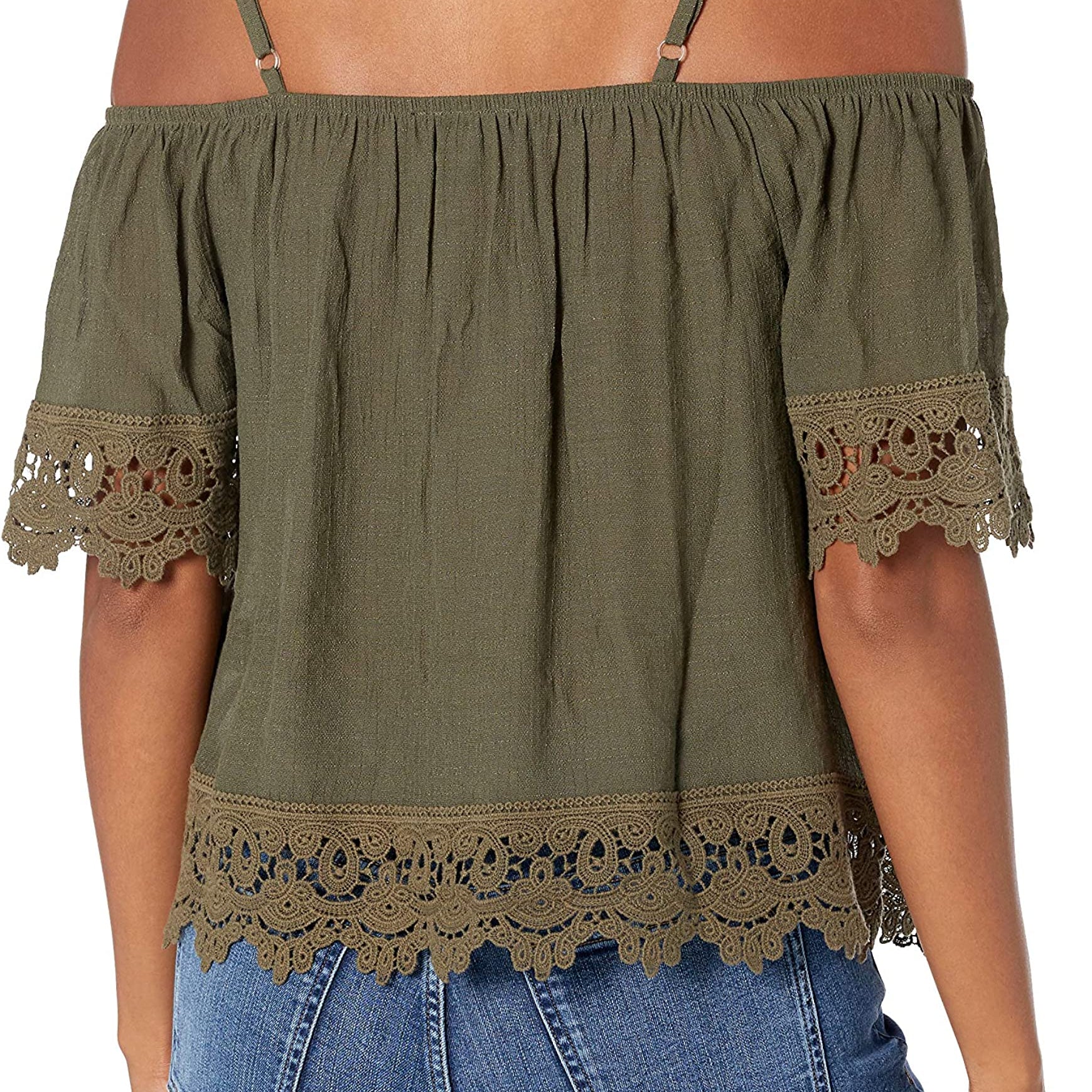 BCX Women Crochet Trim Cold Shoulder Top