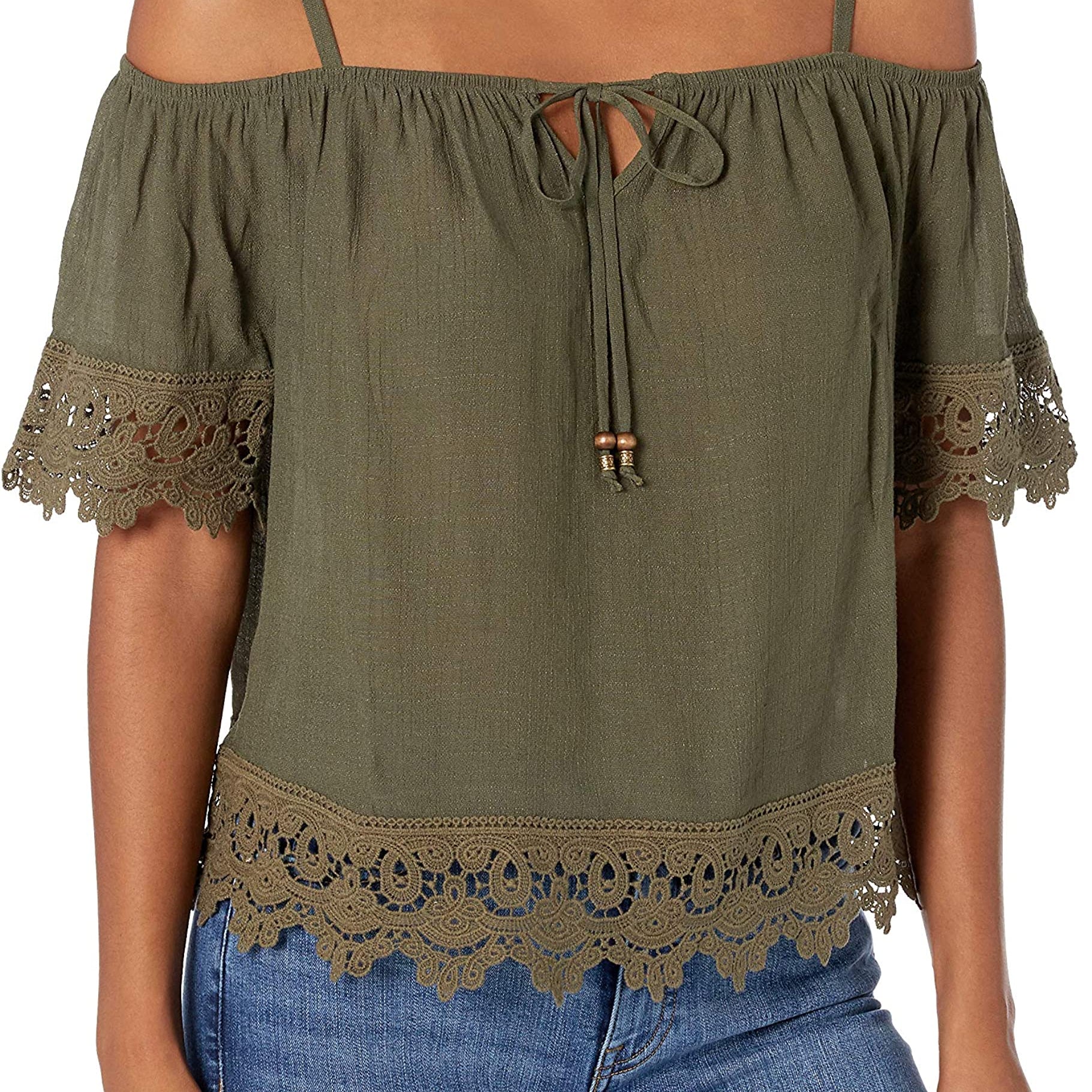 BCX Women Crochet Trim Cold Shoulder Top Olive