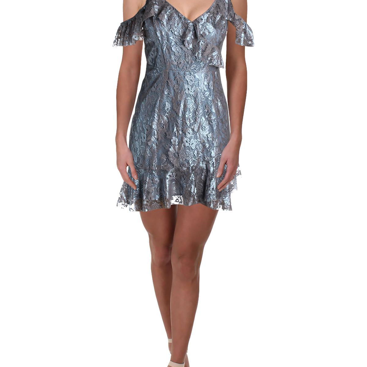 Willow & Clay Women Cold Shoulder Ruffled Dress Blue Ice