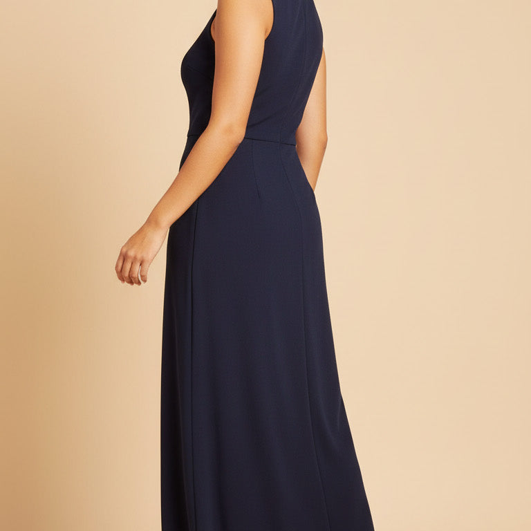 Woman wearing a navy blue evening gown on a beige background