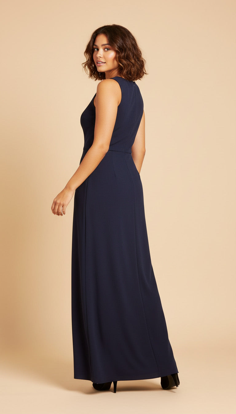 Woman wearing a navy blue evening gown on a beige background