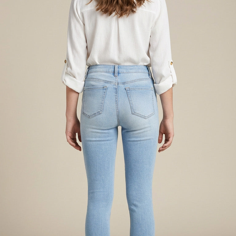 Woman wearing light blue jeans and a white shirt on a beige background