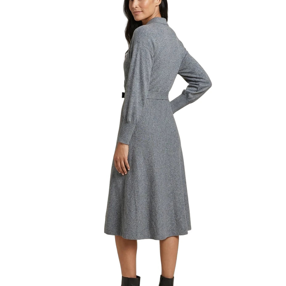 A woman modeling a gray long-sleeve midi dress with a textured pattern, shown from a side-back angle against a plain white background.