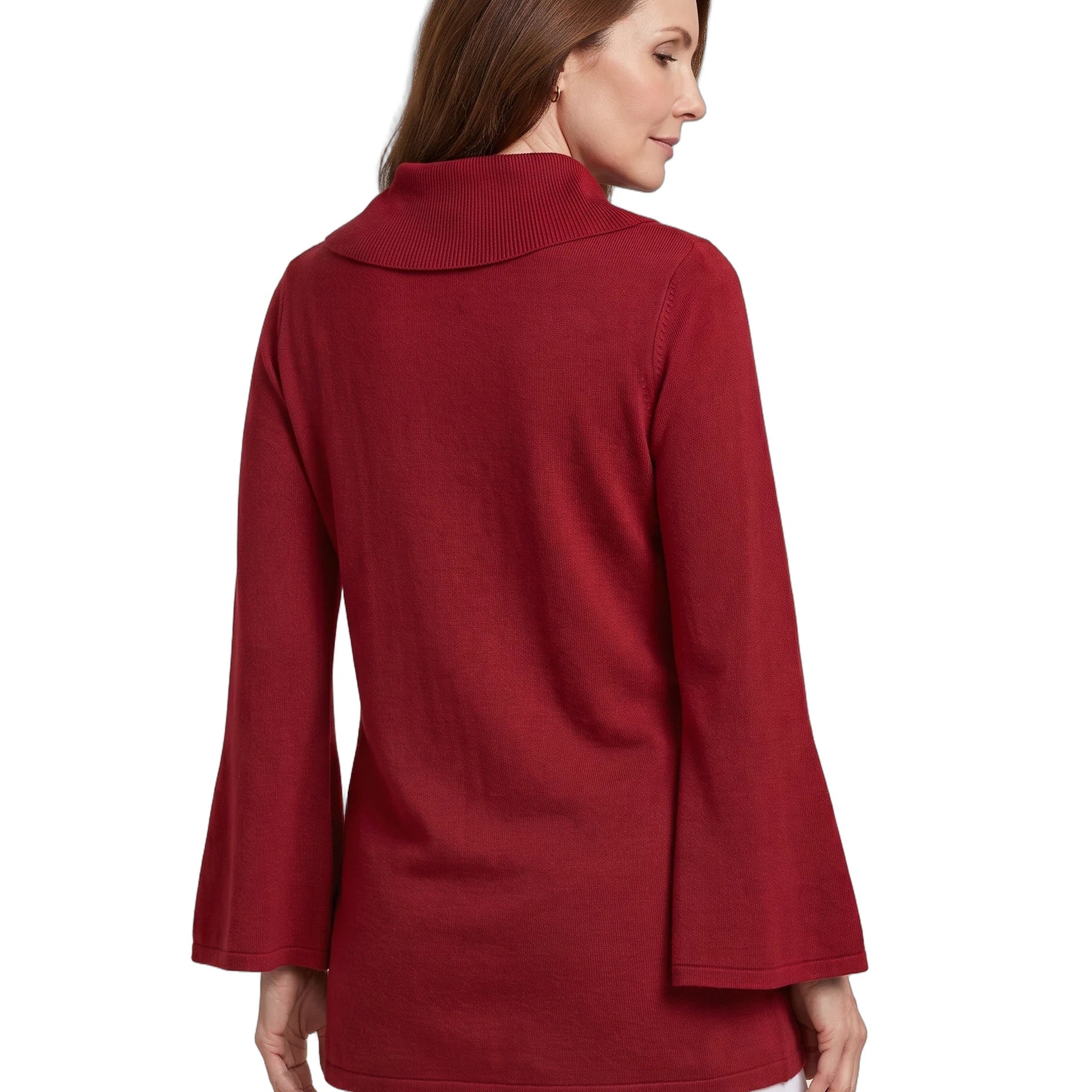 A woman shown from the back wearing a long-sleeve knit turtleneck sweater in deep burgundy red, paired with white pants, against a plain white background.