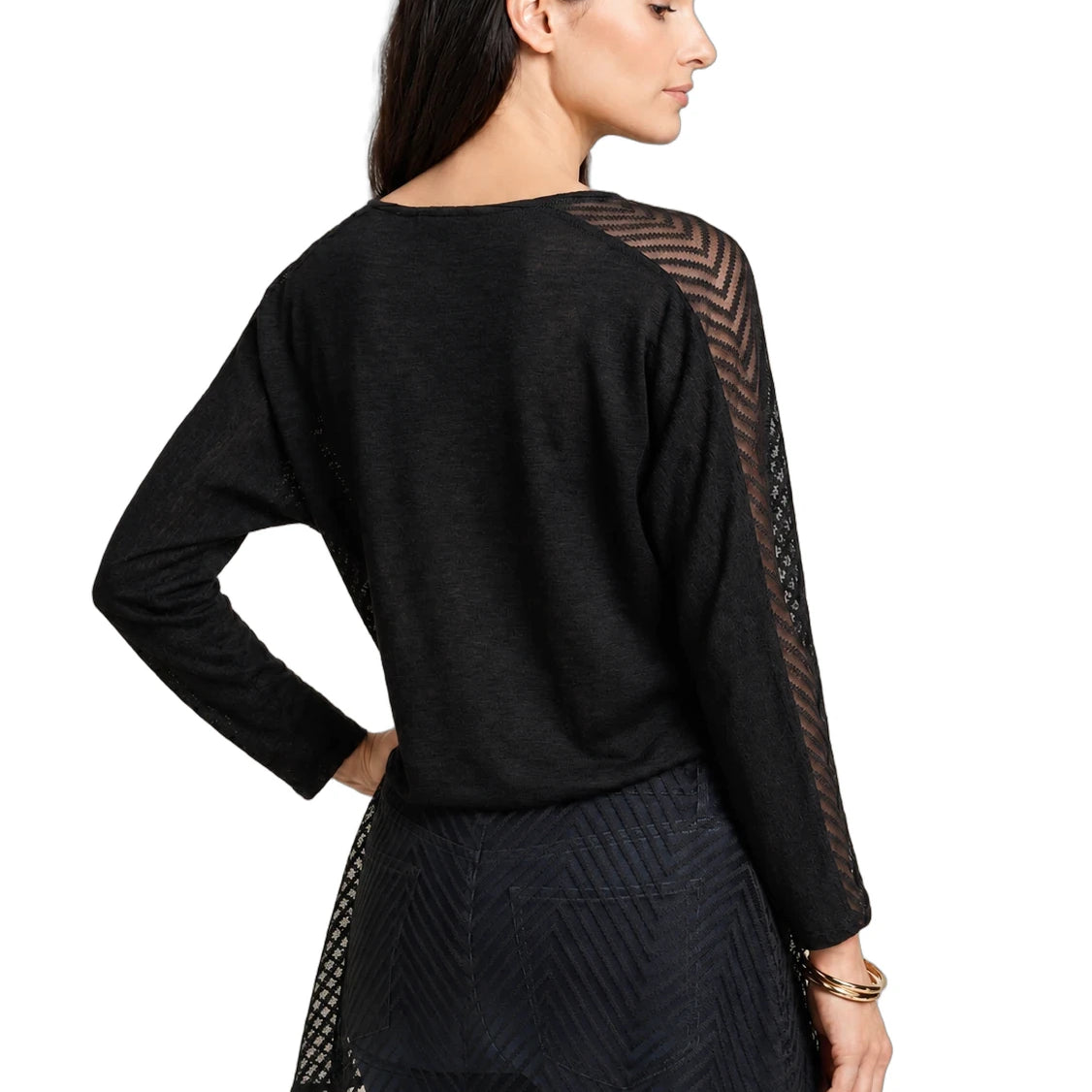 Black long-sleeve top with sheer mesh panels on a white background