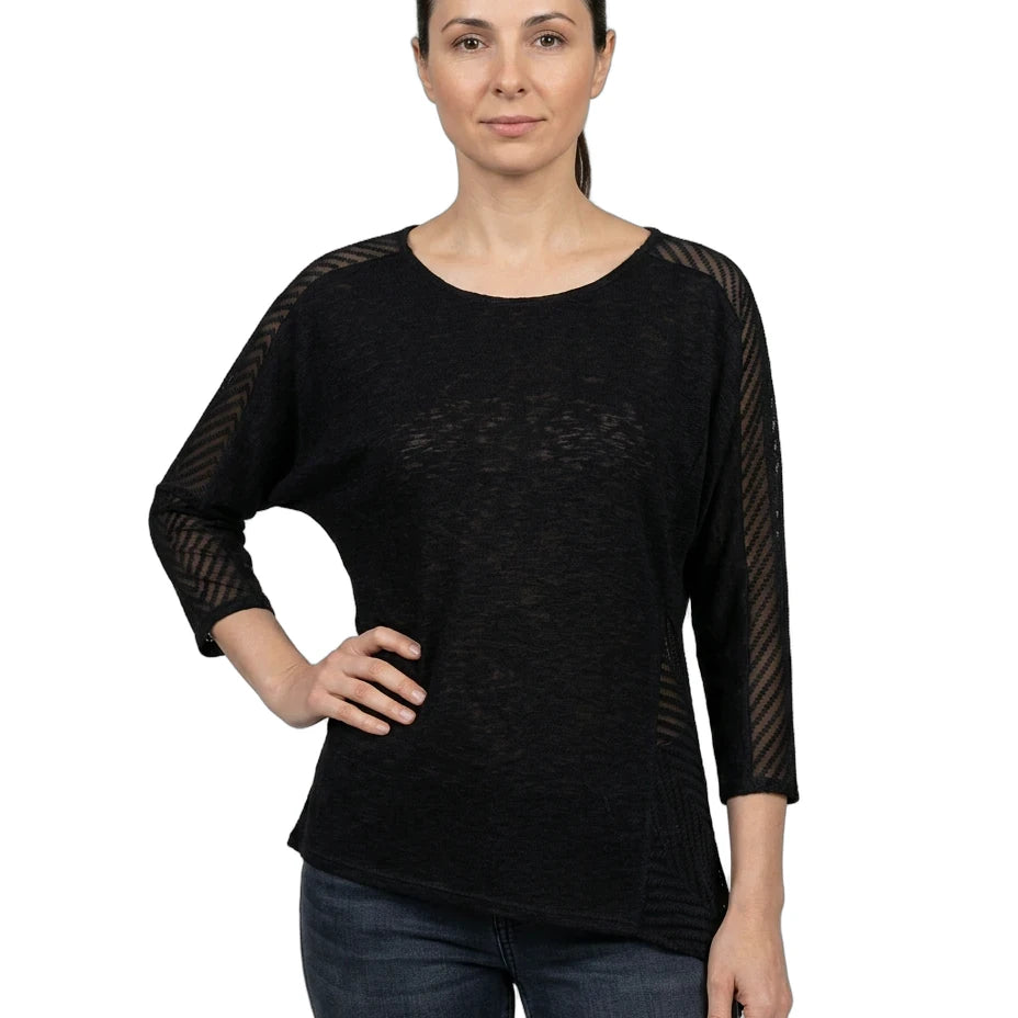 Woman wearing a black mesh top with 3/4 sleeves on a white background