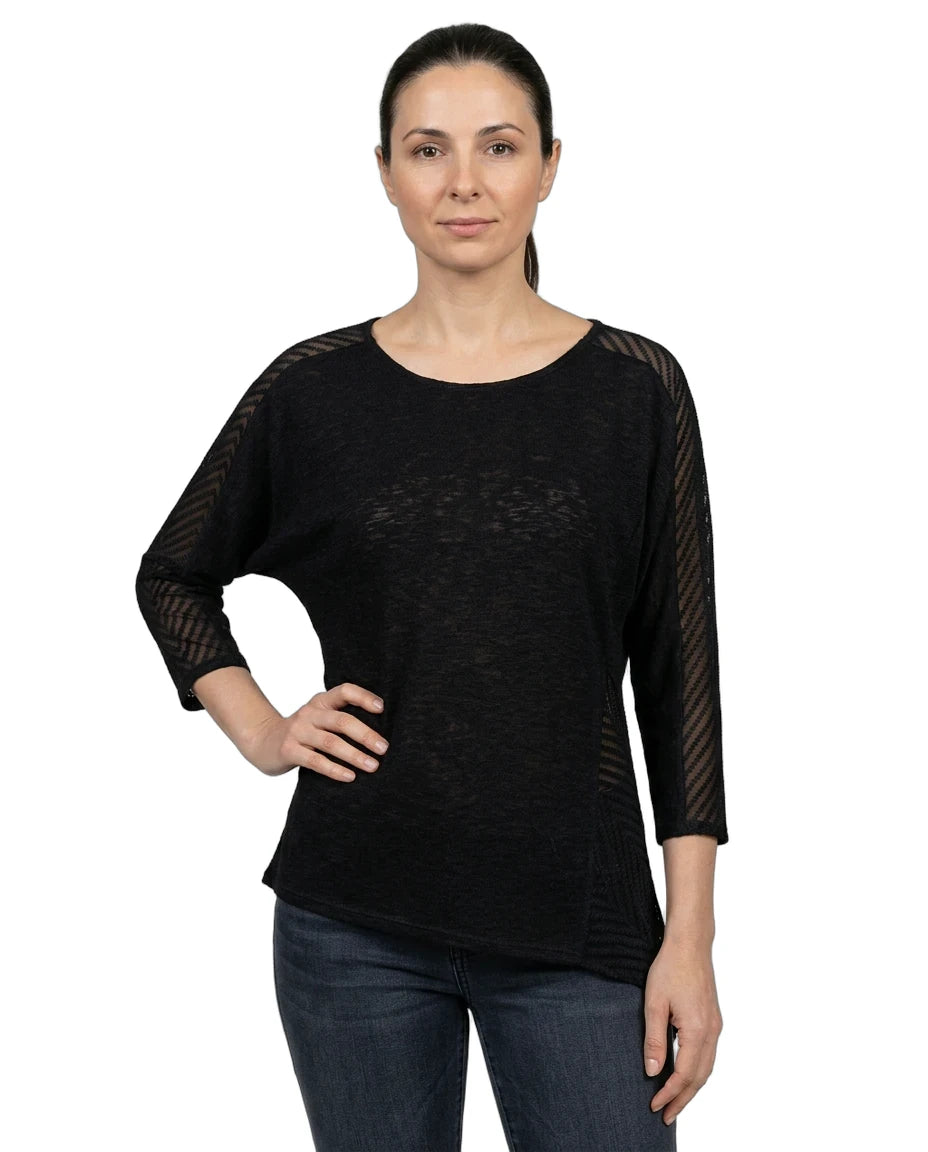 Woman wearing a black mesh top with 3/4 sleeves on a white background