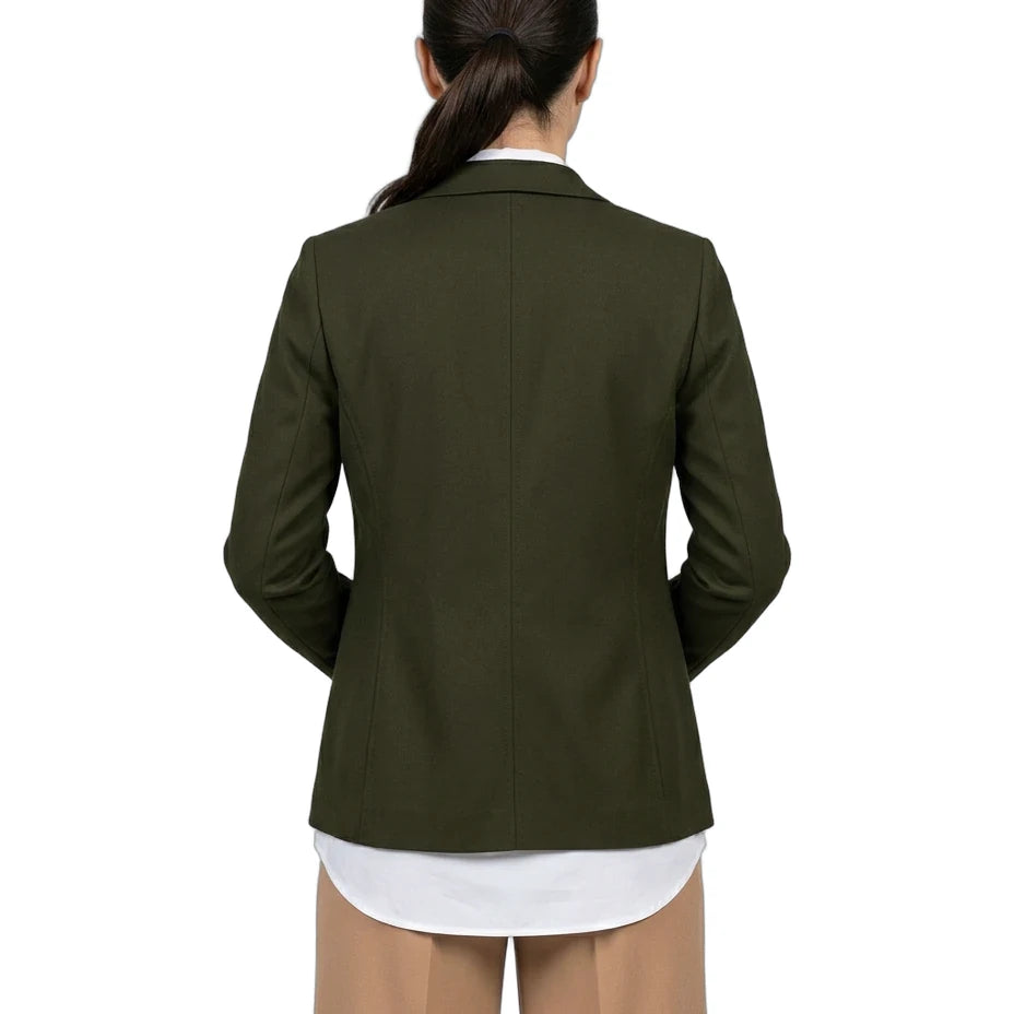 A woman shown from the back wearing an olive green blazer over a white shirt and tan pants, against a plain white background.