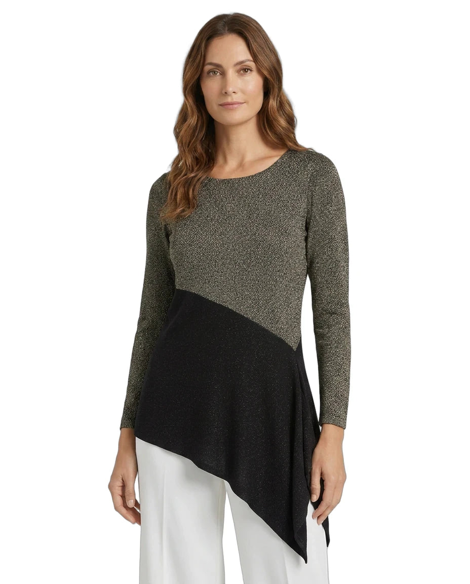A woman modeling a color-block knit top with a textured olive green upper section and sleeves, a solid black diagonal lower panel, and white pants against a plain white background.