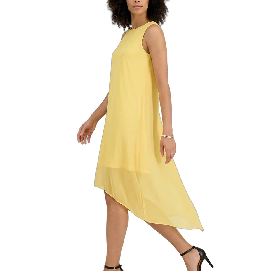 A woman modeling a sleeveless, high-low yellow dress against a plain white background.