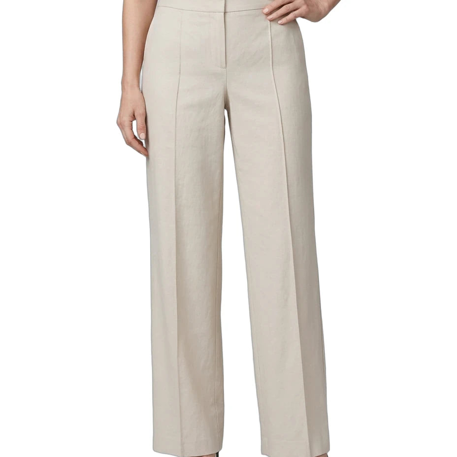 A model wearing a pair of high-waisted, wide-leg trousers in a light beige color, paired with a black top and black heels, shown against a plain white background.