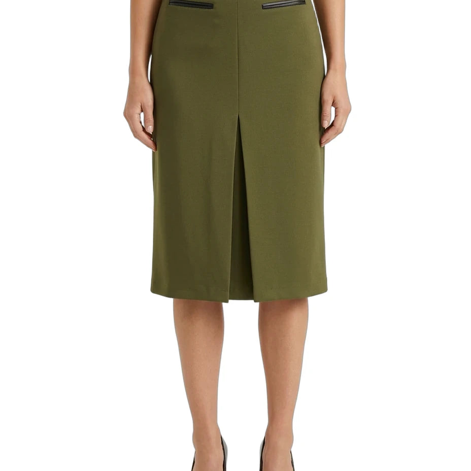 An olive green knee-length skirt with a front slit and two small black leather accents on the waistband, shown on a model against a white background.