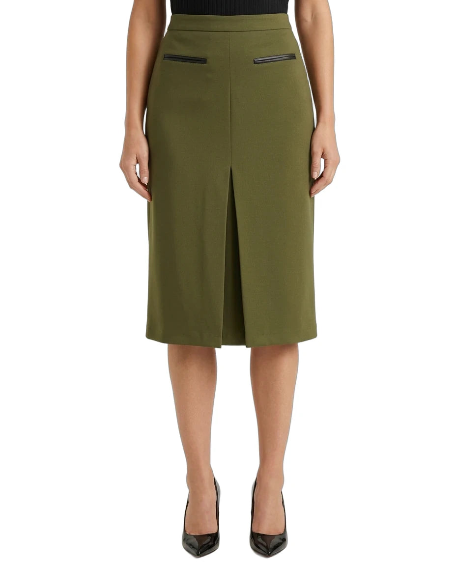 An olive green knee-length skirt with a front slit and two small black leather accents on the waistband, shown on a model against a white background.