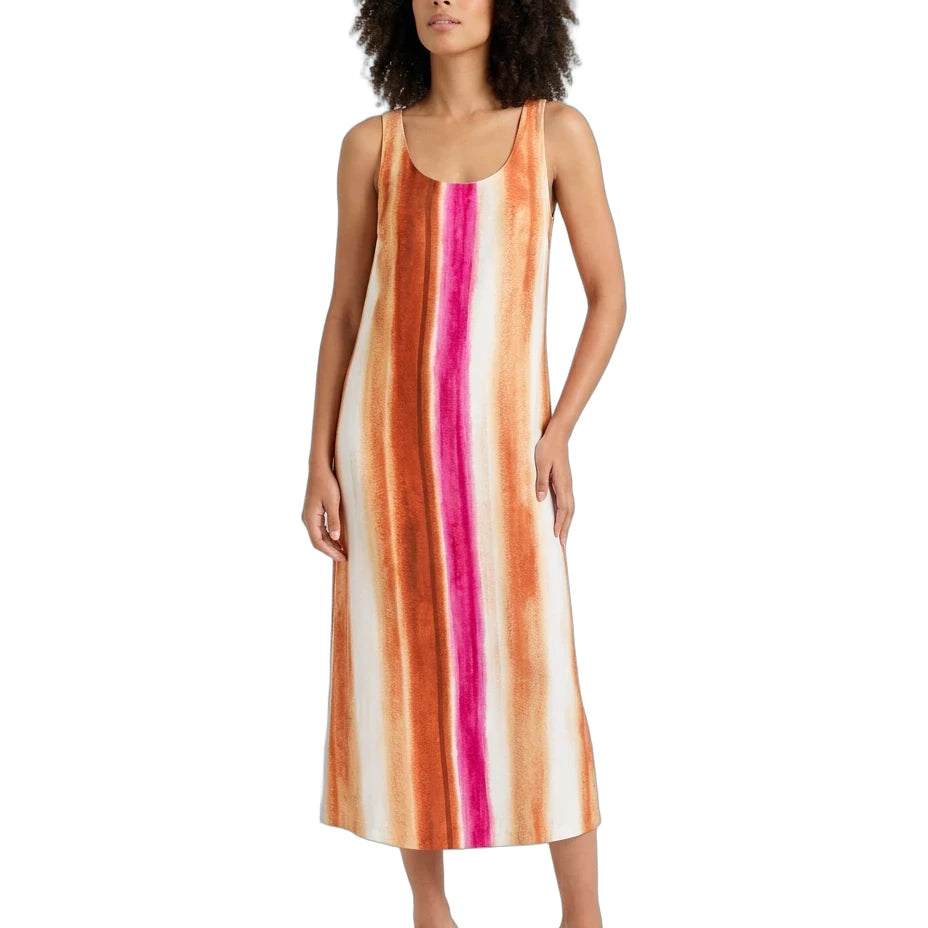 A woman modeling a sleeveless midi dress with vertical watercolor-style stripes in orange, pink, and cream on a white background.
