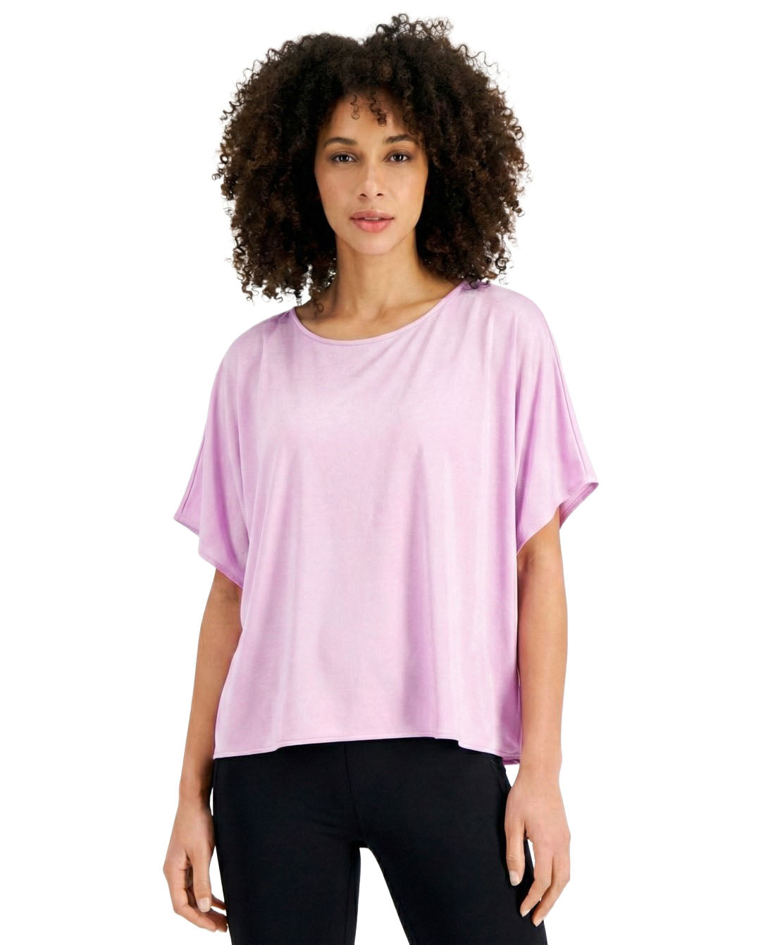 Woman wearing a light purple t-shirt on a white background