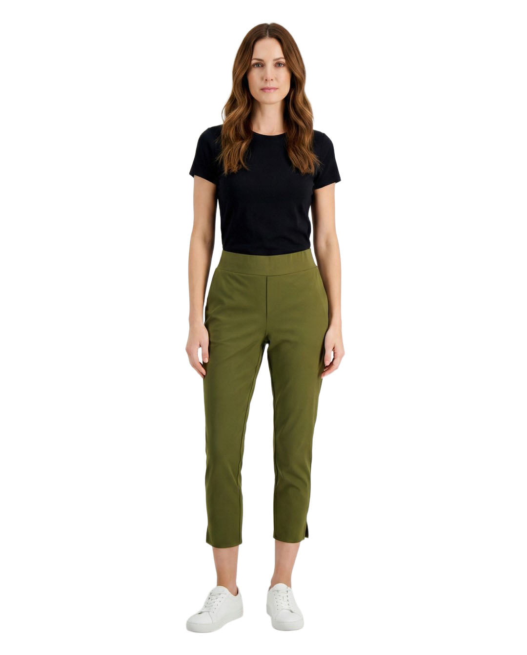 Woman wearing a black t-shirt and green pants on a white background