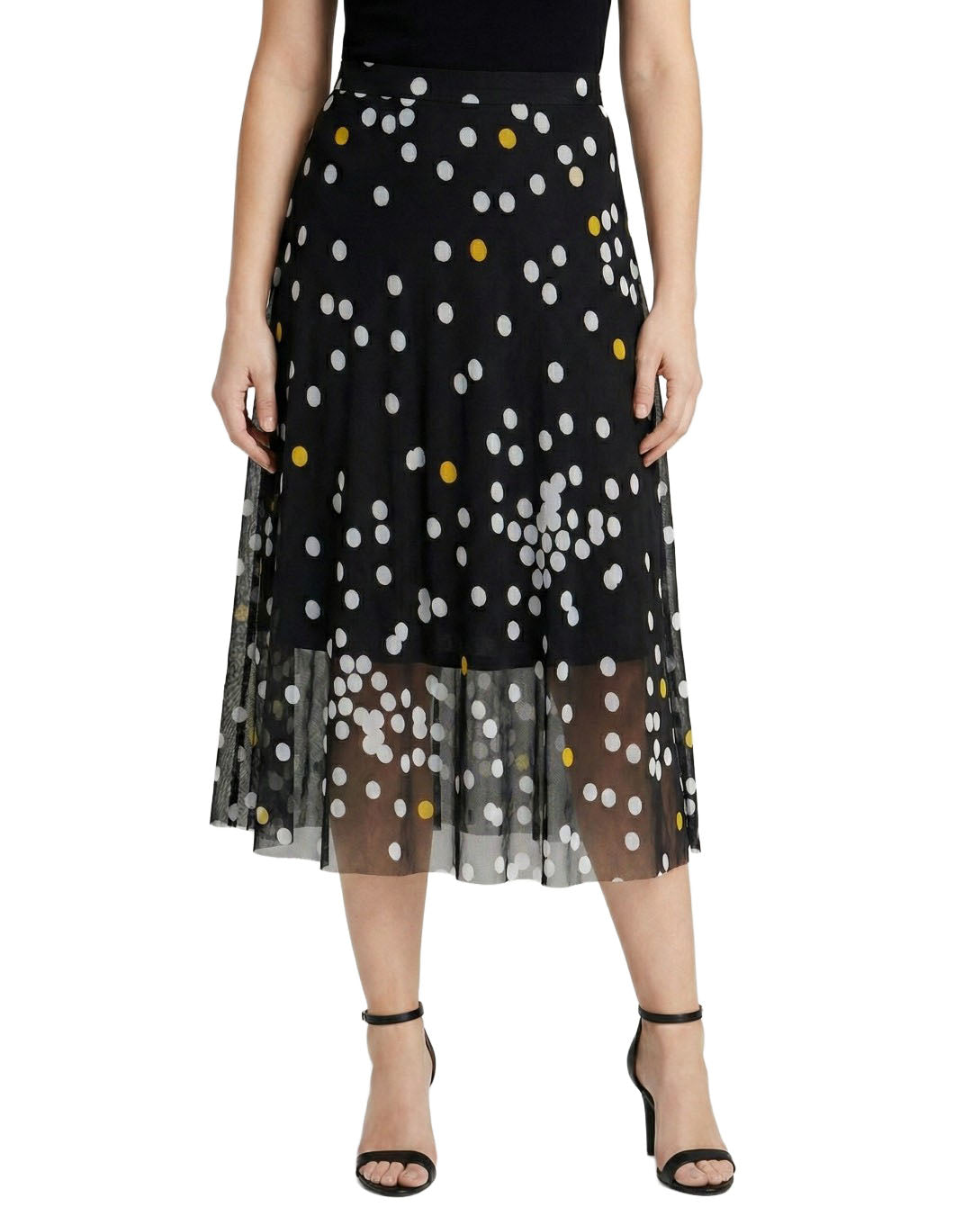 Black skirt with white and yellow polka dots on a white background