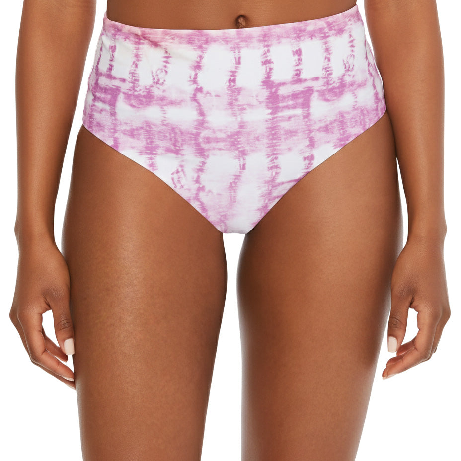 Pink tie-dye high-waisted bikini bottom on a model against a white background