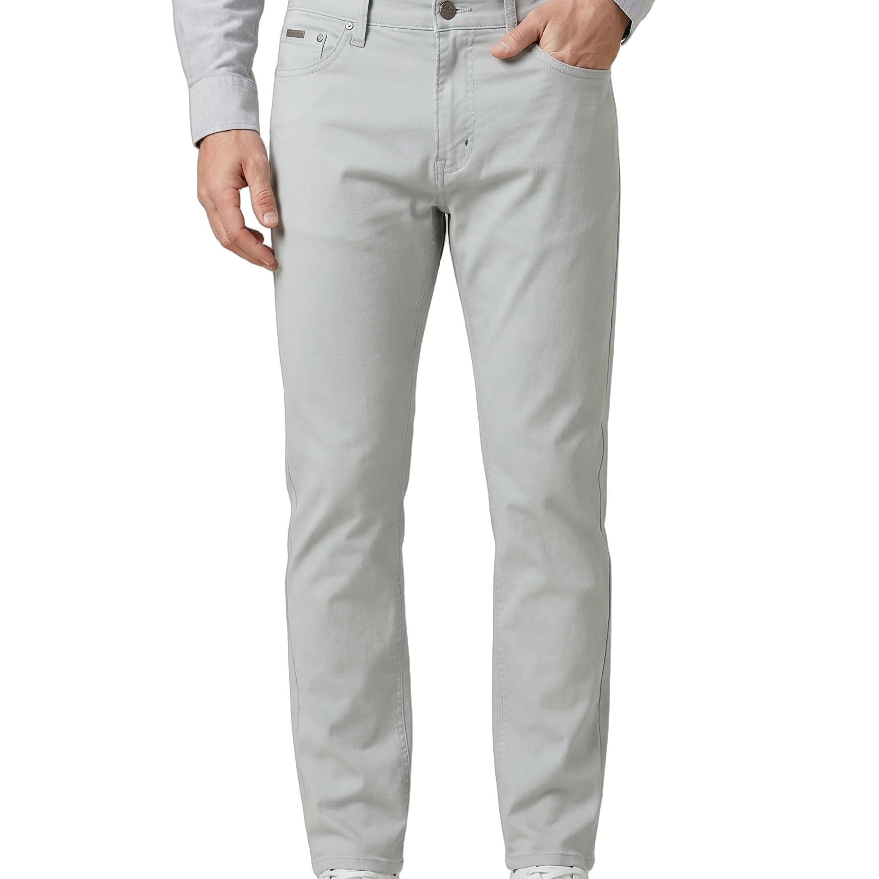 Person wearing light gray pants and a light gray shirt on a white background