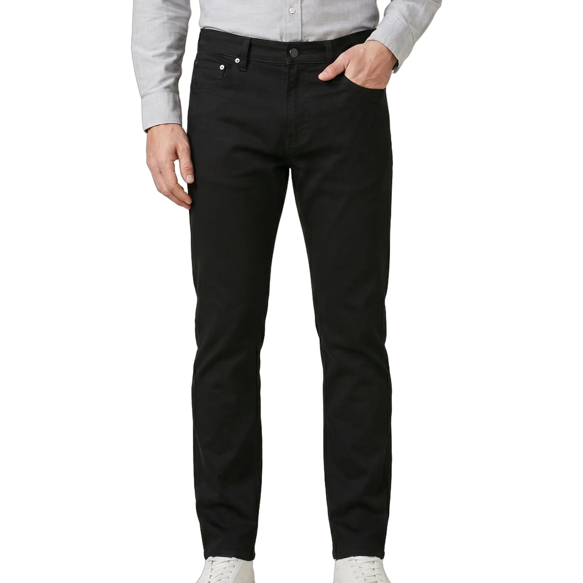 Person wearing black pants and a light gray shirt on a white background