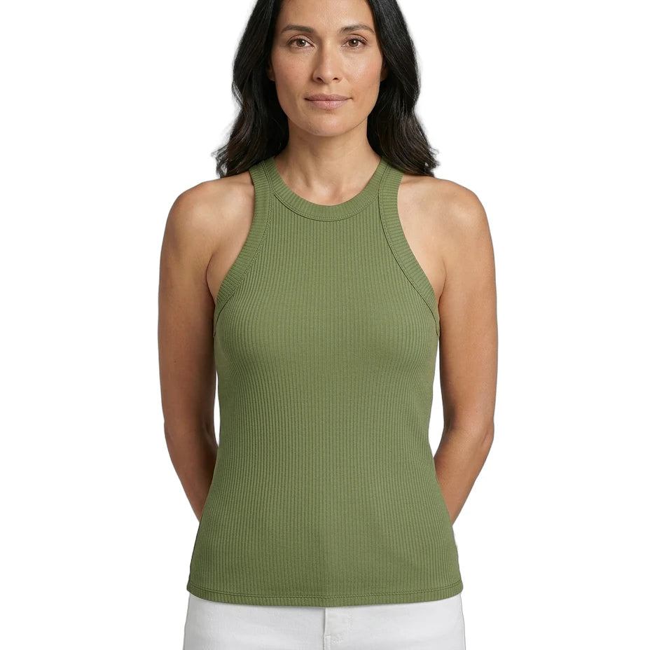 Woman wearing a green sleeveless top on a white background
