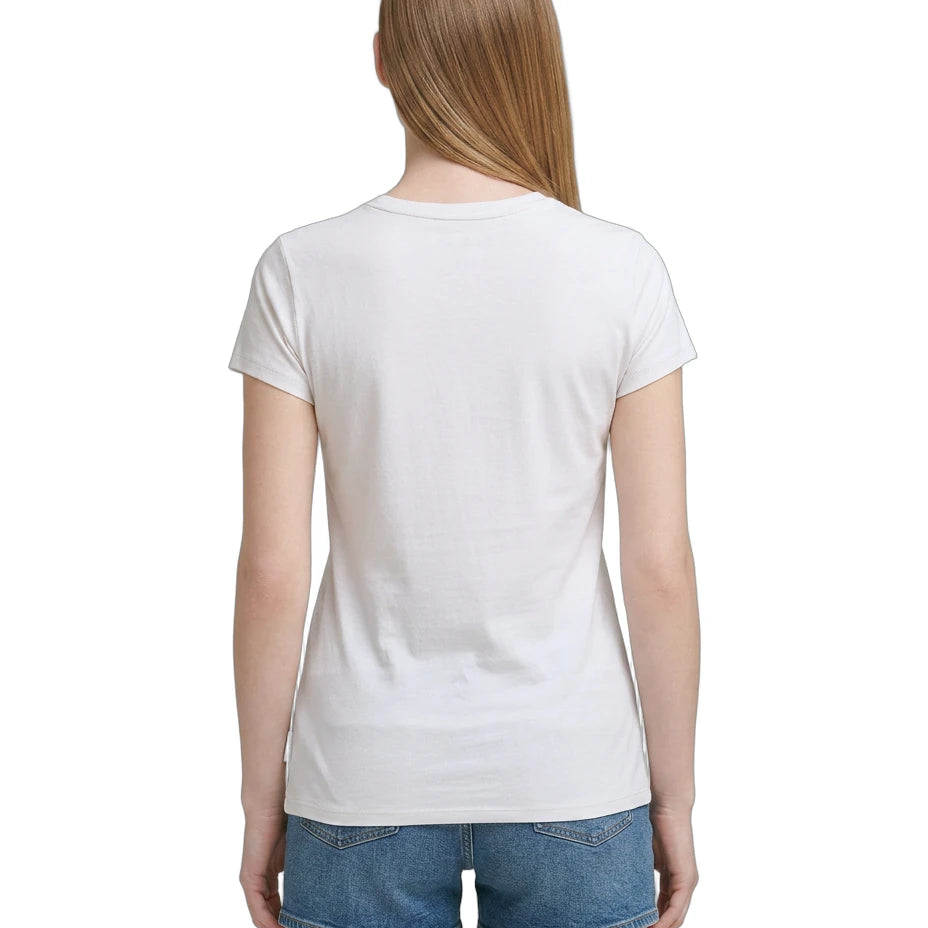 Person wearing a plain white t-shirt and denim shorts on a white background
