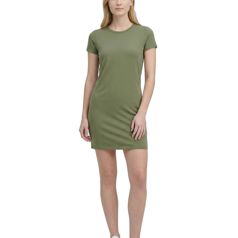 Woman wearing a green Calvin Klein dress on a white background