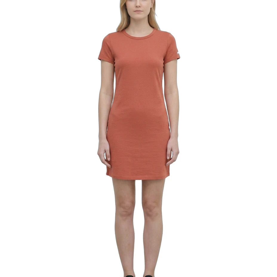 Woman wearing a rust-colored Calvin Klein t-shirt dress on a white background