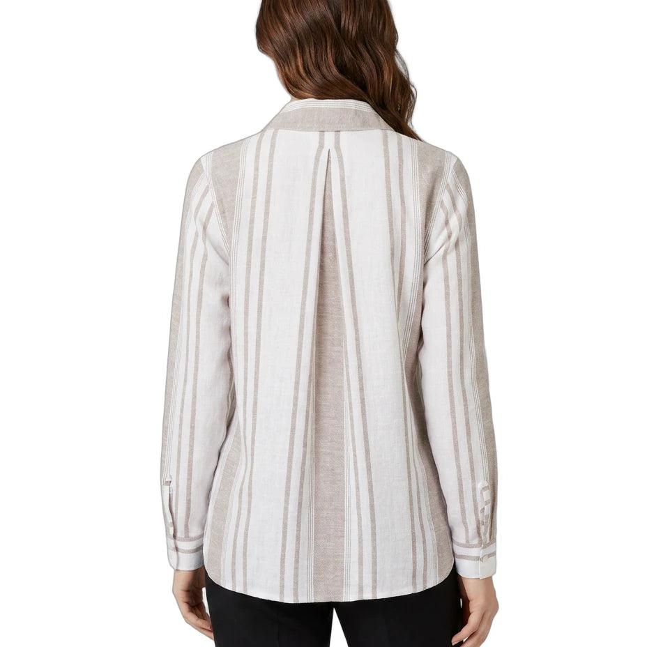 Woman wearing a striped Calvin Klein shirt on a white background