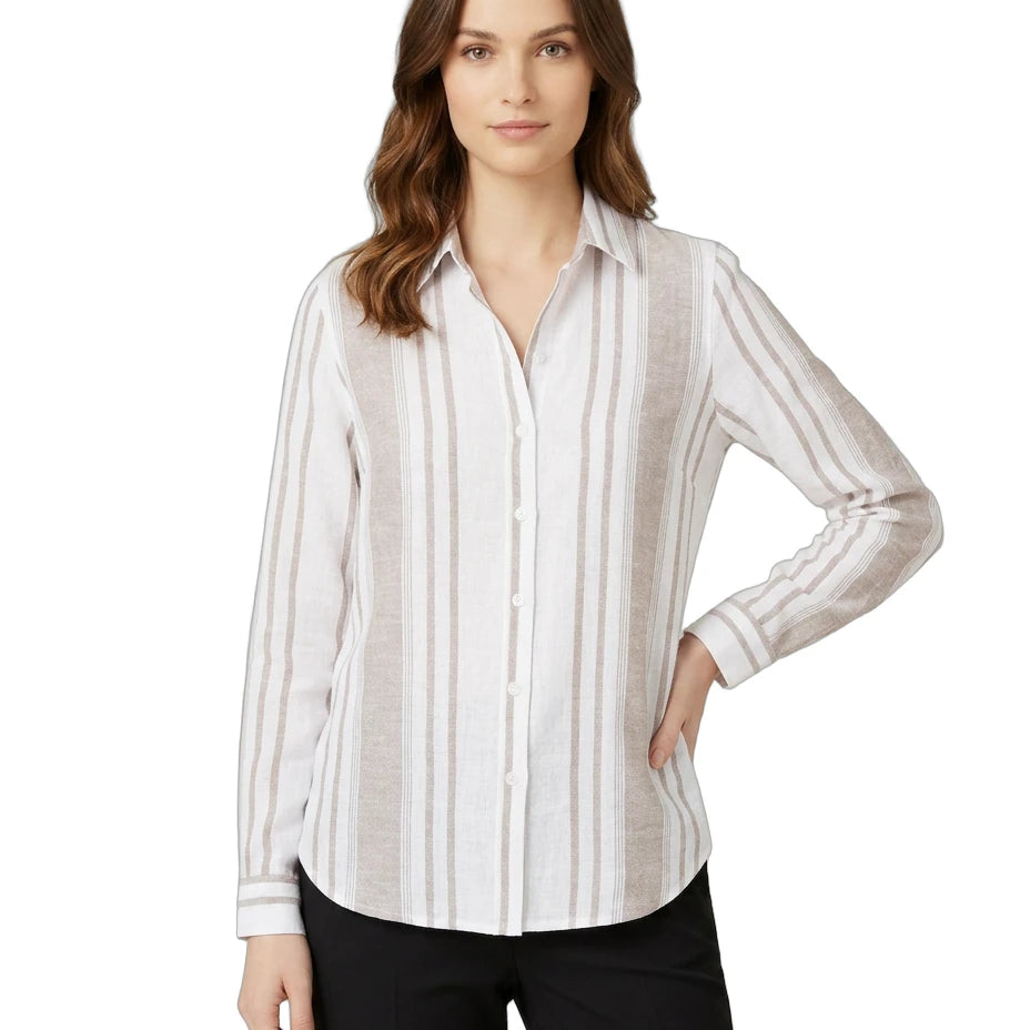 Woman wearing a white and gray striped Calvin Klein shirt on a white background