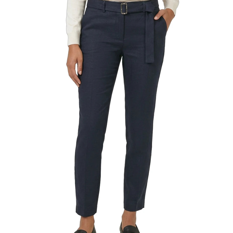 Navy pants with a belt worn by a person on a white background