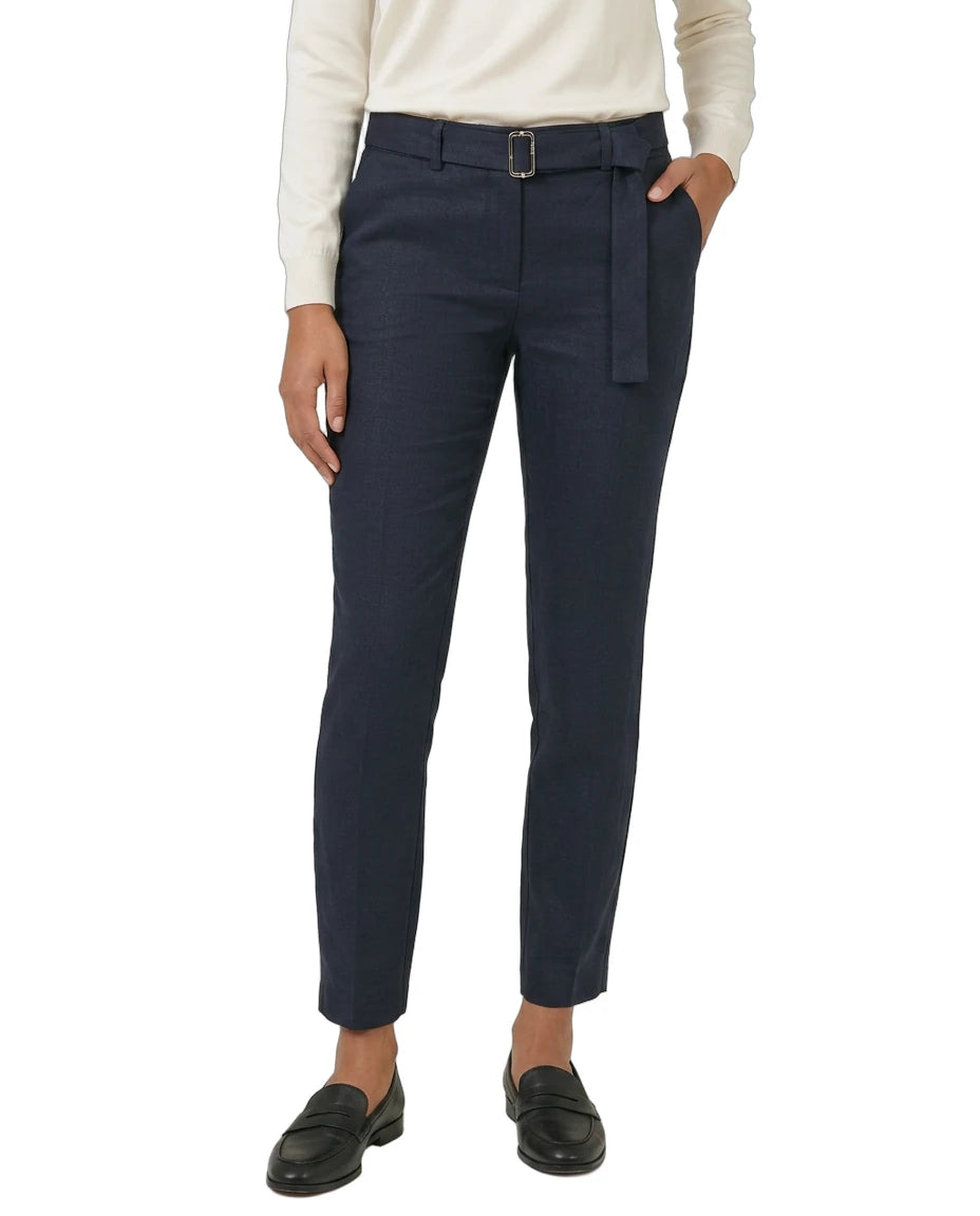 Navy pants with a belt worn by a person on a white background