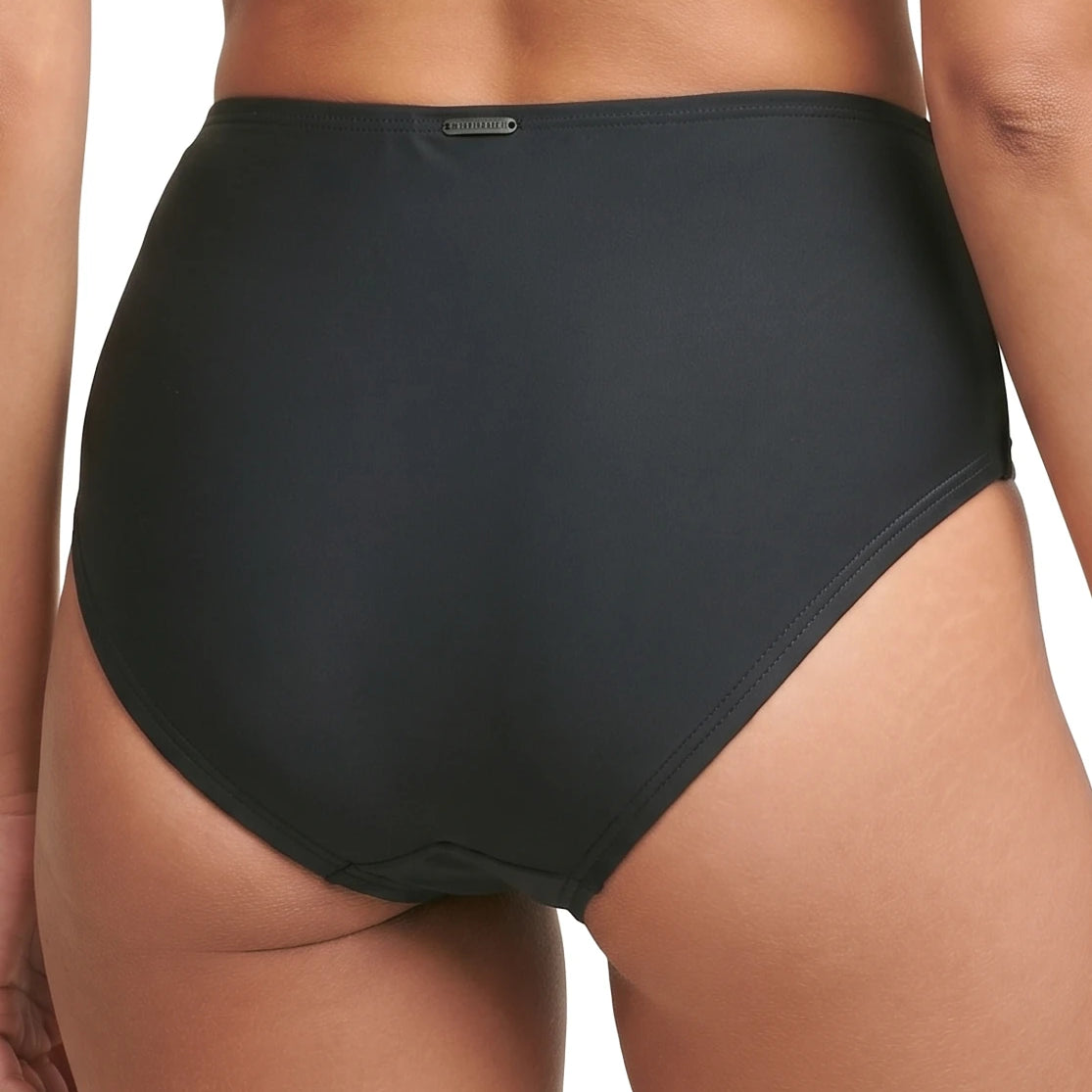 Black high-waisted bikini bottom on a white background